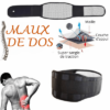 Infographie sur les maux de dos avec illustrations de colonne vertébrale et points rouges marquant les zones douloureuses. Une ceinture chauffante dos noire, vue de l'intérieur, se trouve en haut. En bas à droite, un schéma montre sa composition : maille, couche d’appui, et super sangle de traction, soulignant son rôle dans le soutien du dos et le soulagement de la douleur. À gauche, une illustration d’un homme de dos montre des points rouges sur le bas du dos et le coccyx. À sa droite, une ceinture chauffante est présentée, indiquant son utilisation pour le soutien du dos.