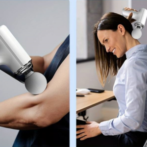 Pistolet de massage en cours d'utilisation sur la nuque et les bras pour soulager les tensions musculaires.