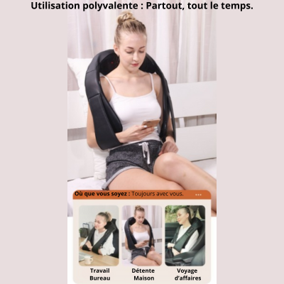 Femme utilisant un masseur cervical shiatsu portable à la maison, au bureau et en voyage.
