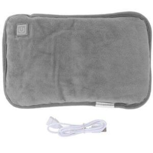 Bouillotte peluche grise CuddleHeat™ vue de face, avec bouton de marche et câble USB pour recharge.