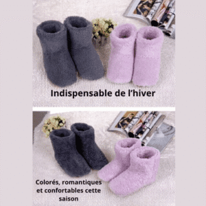 Chaussons chauffants USB rose et gris posés sur une table, accessoires d’hiver confort