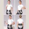 "Ceinture chauffante thérapeutique vue de face, côté, angle et dos, avec câble de contrôle, dispositif pour soulager les douleurs du bas du dos"