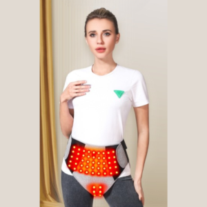 "Ceinture chauffante à LED rouges portée par une femme autour de la taille, dispositif infrarouge pour soulager les douleurs abdominales et lombaires"