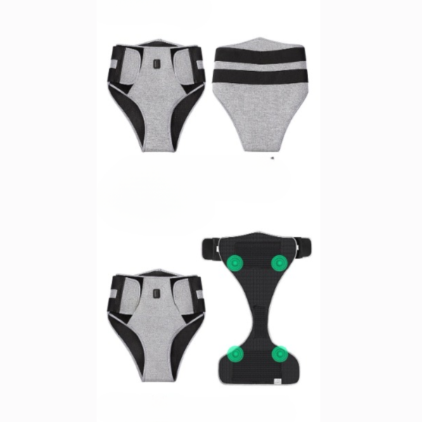 "Ceinture de soutien chauffante avec vues avant, arrière et intérieur, pads ergonomiques verts, dispositif pour soulager les douleurs du bas du dos"