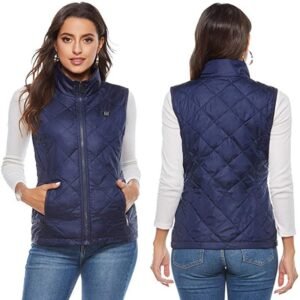 Veste d’hiver bleue femme, vue de face et de dos.